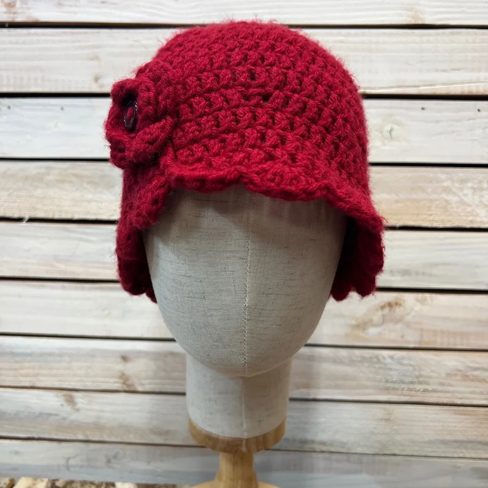 Vintage Red Crochet Cloche Hat Wool Blend Button Rosette Flapper 1920s Style OS